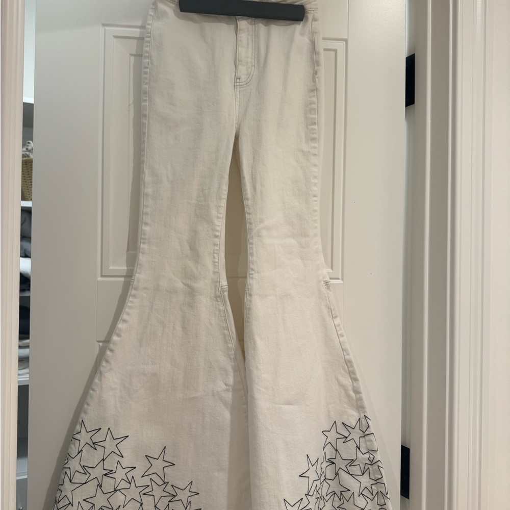 Free People White Flared Pants with Star Embroidery